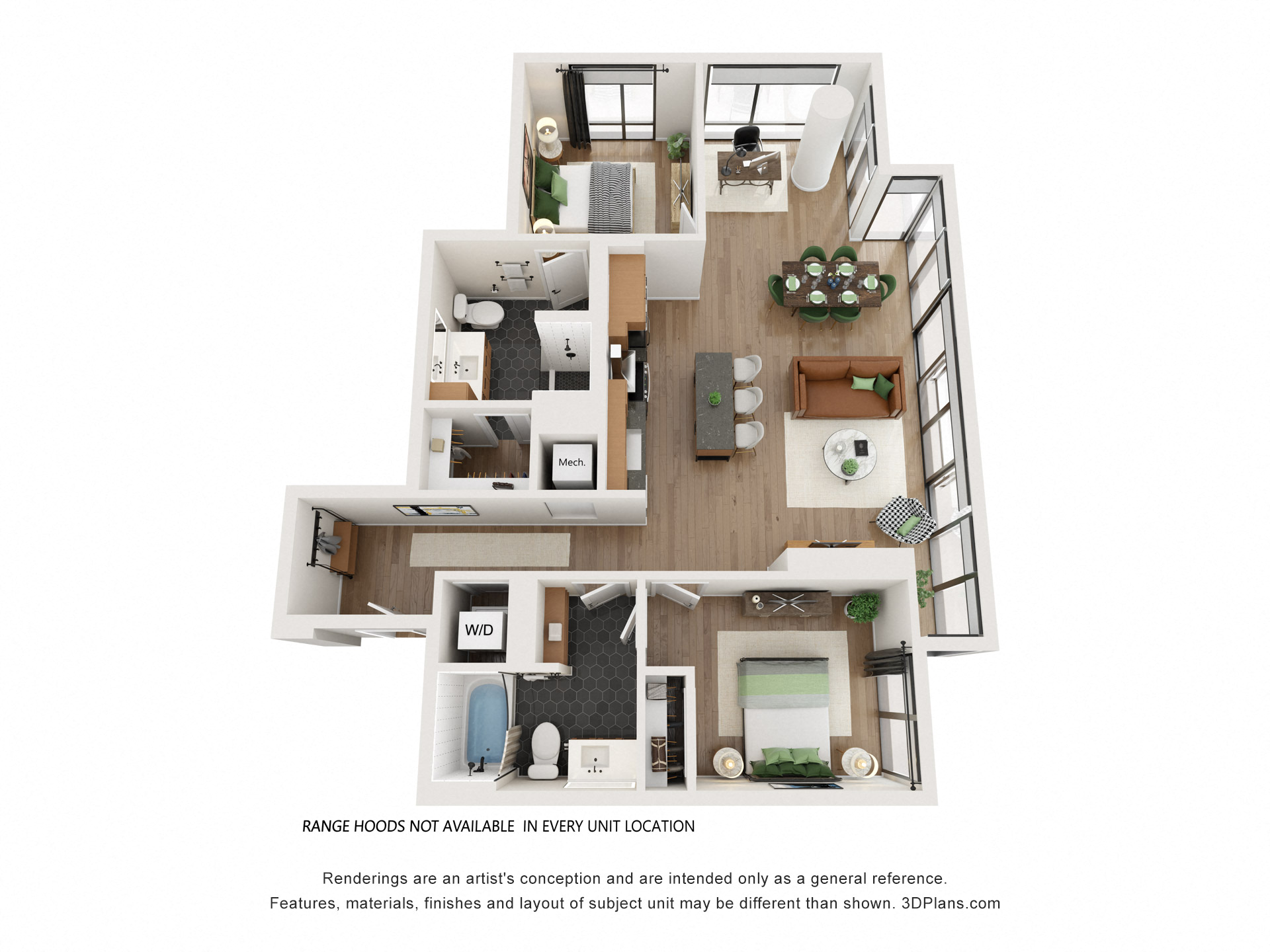 Floor plan for 2 beds, 2 baths, 1142 sqft